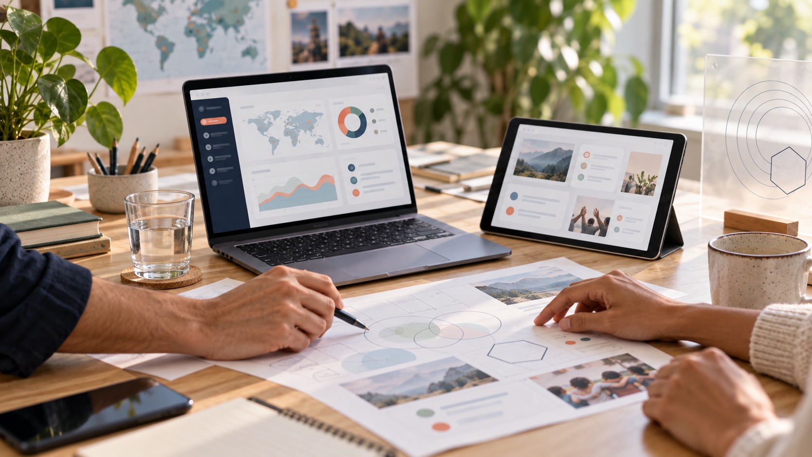 Collaborators reviewing an abstract global workspace on a laptop and tablet